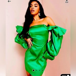 ASOS LUXE satin Bardot puff sleeve dress